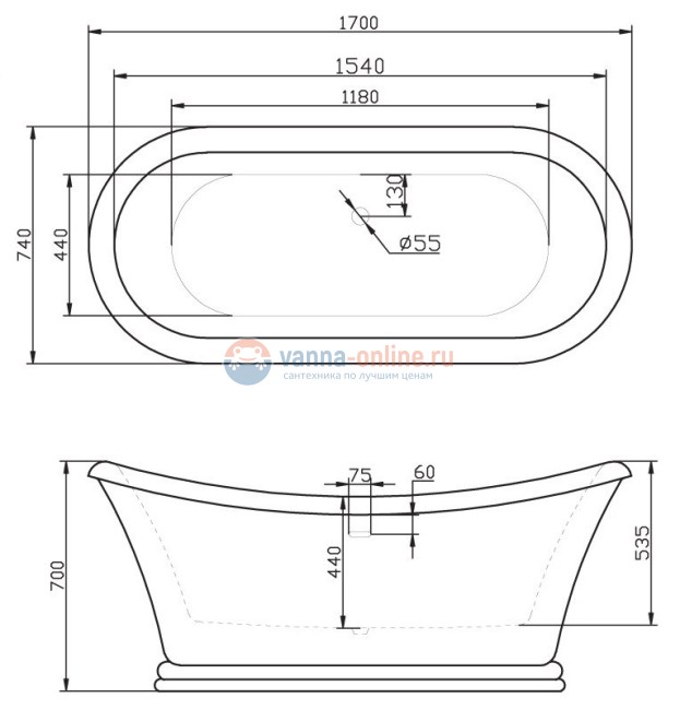 Ванна акриловая BelBagno BB09, 170 х 74 х 60 см