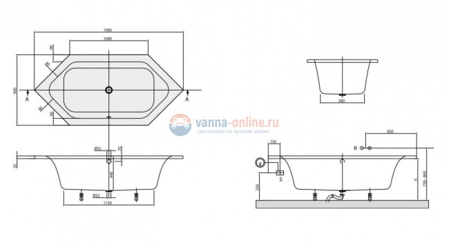 Акриловая ванна Villeroy&Boch Loop&Friends 190 x 90 UBA199LFS6V-01, внутри прямоугольник