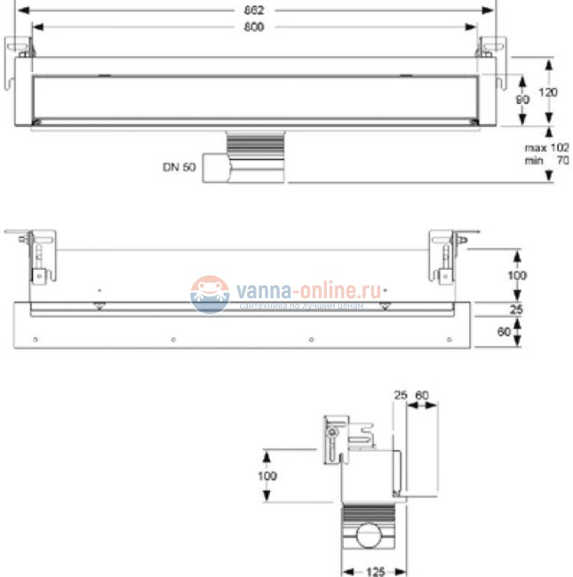 Дренажный канал MEPA/TersoWALL 150391, пристенный, 800 мм, в комплекте накладка нержавеющая сталь,ножки, сифон 0,81л/с