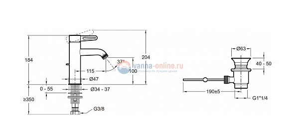 Смеситель для раковины Jacob Delafon Nouvelle Vague E78335-BLV, с донным клапаном, черный матовый Смеситель для раковины Jacob Delafon Nouvelle Vague E78335-BLV, с донным клапаном, черный матовый