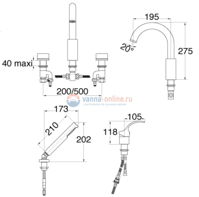Смеситель Jacob Delafon Salute E71088-CP для ванны и душа для установки на борт ванны Смеситель Jacob Delafon Salute E71088-CP для ванны и душа для установки на борт ванны