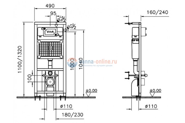 Инсталляция с унитазом Vitra Normus 9773B003-7200, сиденье микролифт, клавиша хром