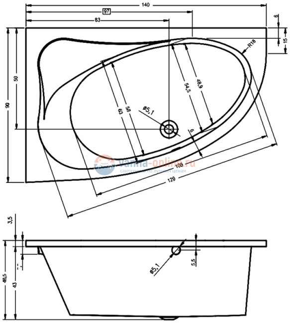 Ванна акриловая Riho Lyra 140x90 см, левая