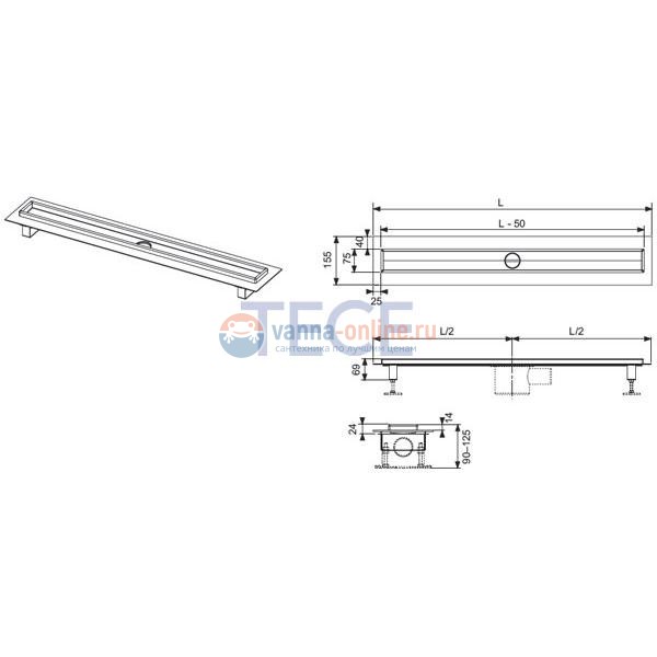 Дренажный канал прямой 601000 TECE с гидроизоляцией Seal System, 1000 мм