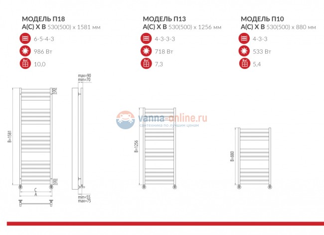 Полотенцесушитель водяной Terminus Латте П10 500x880, ширина 53 см, высота 88 см