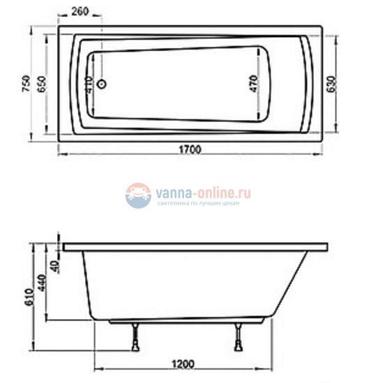 Акриловая ванна Ravak Domino Plus 170 х 75 см в комплекте с опорой и сливом-переливом, 70508024
