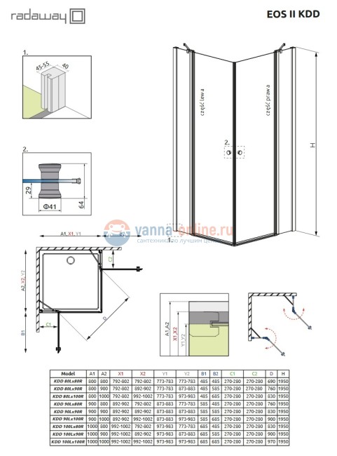 Душевой уголок Radaway EOS II KDD 90 х 100 см, стекло прозрачное