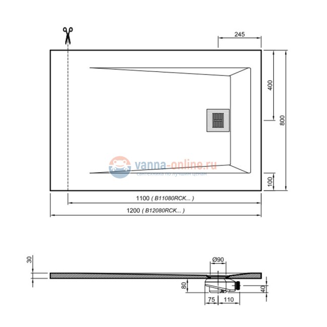 Поддон для душа Sanitana ROCKS 1200х800, антрацит