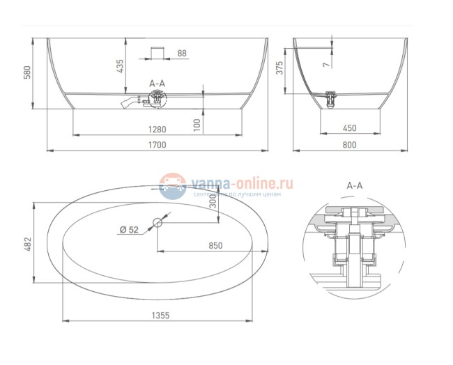 Ванна Salini Alda 170х80x58, из искусственного камня S-Stone, белый матовый, 101922M