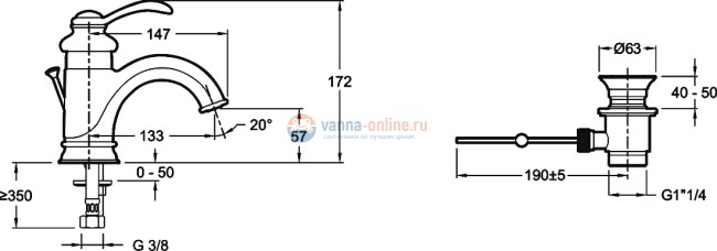 Смеситель Jacob Delafon Fairfax E72090 для раковины с донным клапаном Смеситель Jacob Delafon Fairfax E72090 для раковины с донным клапаном