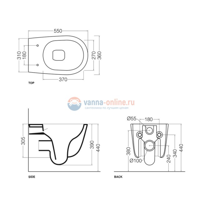 Унитаз подвесной 550х360мм., AXA Eva безободковый, серый матовый