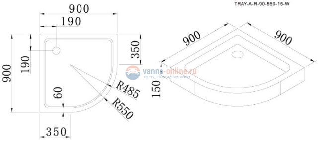 Поддон акриловый Cezares TRAY-A-R-90-550-15-W-W0 без сифона
