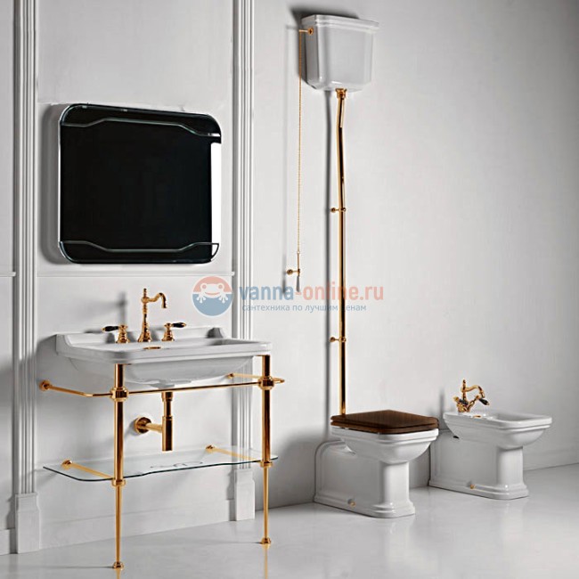 Унитаз Kerasan Waldorf пристенный удлиненный 65х37см, с высоким бачком, трубой, фурнитура золото