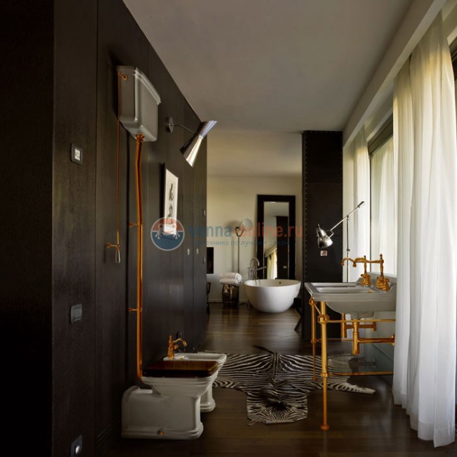 Унитаз Kerasan Waldorf пристенный удлиненный 65х37см, с высоким бачком, трубой, фурнитура золото