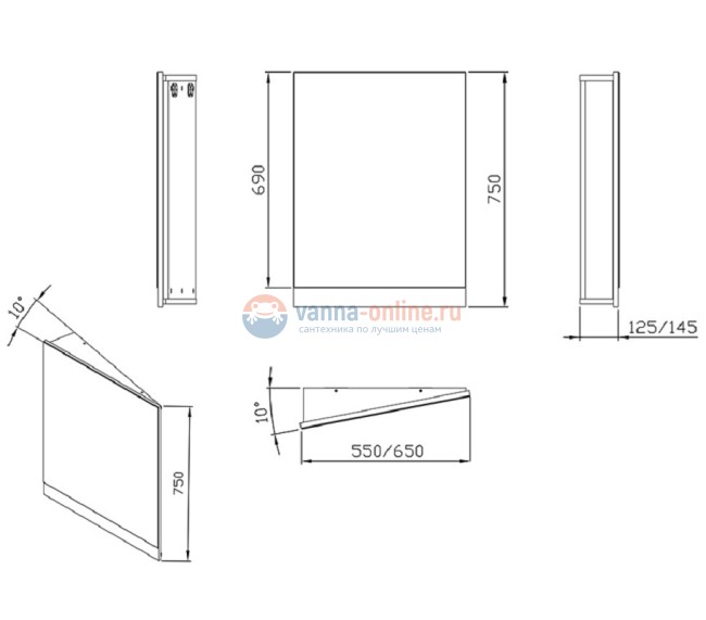Зеркало Ravak 10° X000001080 R серый глянец, 65 см Зеркало Ravak 10° X000001080 R серый глянец, 65 см
