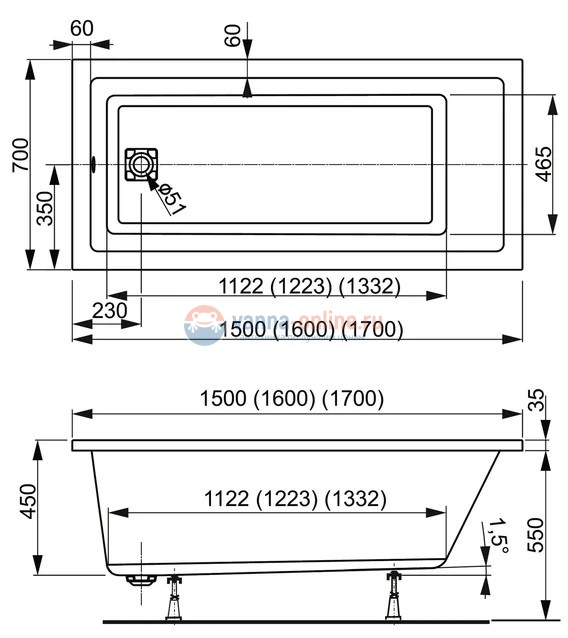 Акриловая ванна Vagnerplast Cavallo 170 x 75 см Акриловая ванна Vagnerplast Cavallo 170 x 75 см