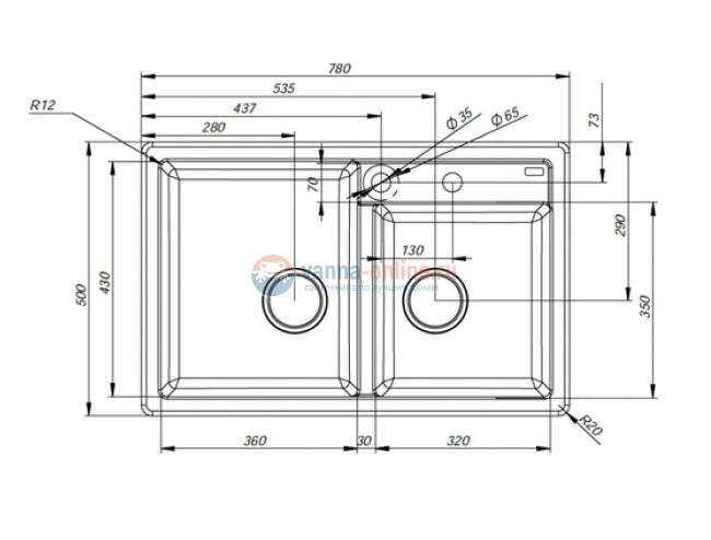 Кухонная мойка Iddis Vane G V24S782i87 78 x 50 x 22.7 см, Granucryl, 2 чаши, светло-бежевый (сафари)