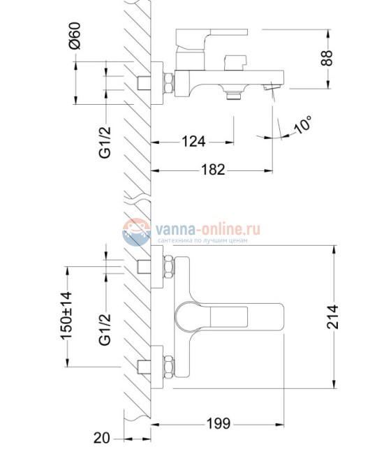 Смеситель Lemark Aura LM0614C для ванны и душа, излив монолит Смеситель Lemark Aura LM0614C для ванны и душа, излив монолит