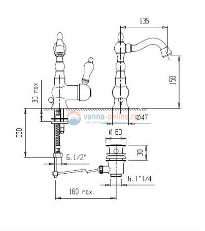 Смеситель Cezares Venezia VENEZIA-LSM2-03/24-Bi для раковины, золото Смеситель Cezares Venezia VENEZIA-LSM2-03/24-Bi для раковины, золото