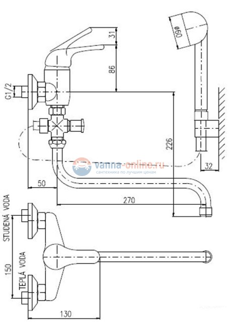 Смеситель для ванны и душа Rav-Slezak Sazava SA556.5/1, универсальный, с душевым гарнитуром, хром