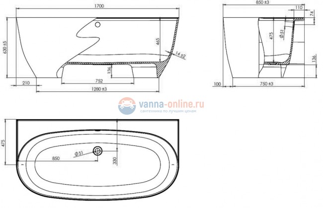 Ванна Astra-Form Атрия пристеночная 170 x 85 см, из литьевого мрамора, белый