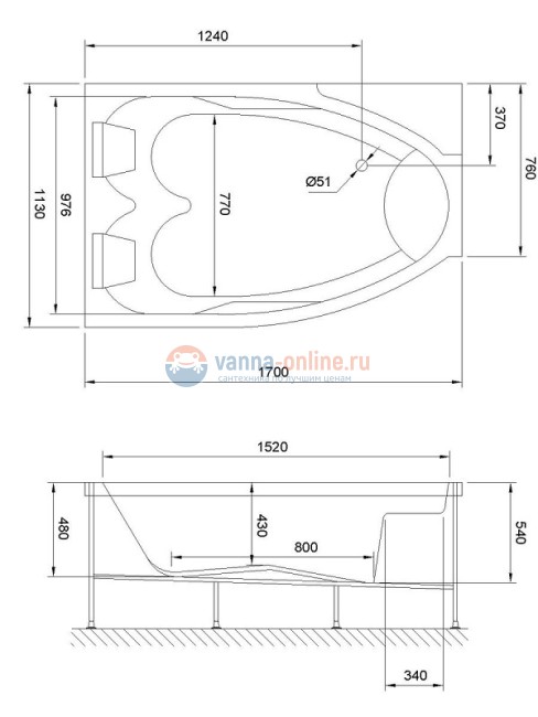 Акриловая ванна Royal Bath Shakespeare RB652100SB в сборе 170 х 110 L/R
