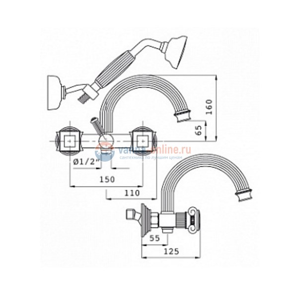 Смеситель Cezares Olimp VD-03/24-Sw цвет золото, ручки квадратные Swarovski