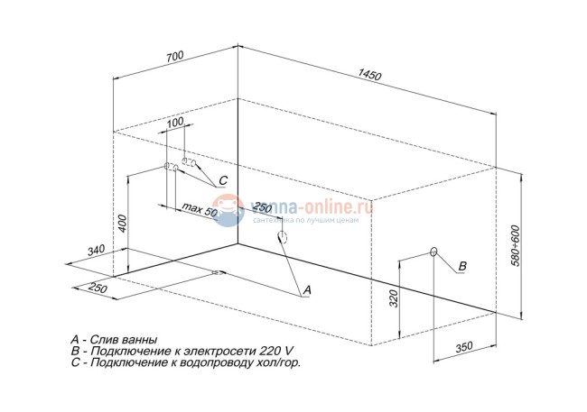 Ванна акриловая Aquanet Bright 145 x 70 см, 00239593, белая