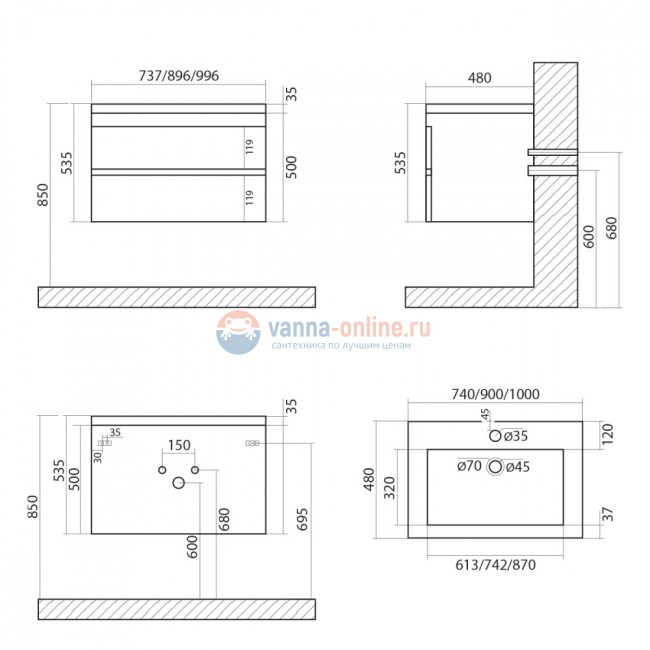 Тумба под раковину Art&Max Family-750-2C-SO-PB, 75 x 48 x 55 см подвесная, бежевый (Pino Bianco)