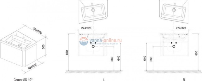 Тумба под раковину Ravak SD 10° 650 угловая, белая, левая/правая