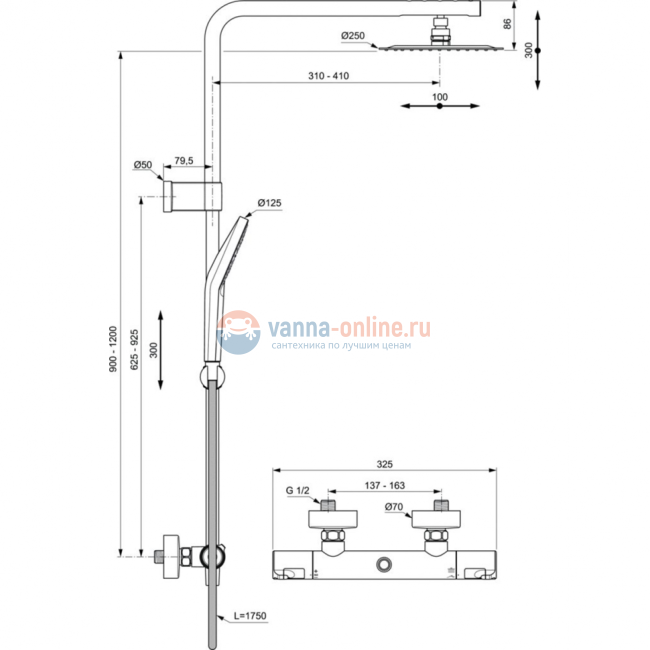 Душевая система с термостатическим смесителем для душа Ideal Standard CERATHERM T50 A7704AA