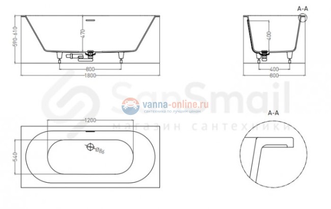 Ванна из искусственного камня Salini Ornella Axis 180 x 80 x 60 см из материала Solix, белая матовая 103421M Ванна из искусственного камня Salini Ornella Axis 180 x 80 x 60 см из материала Solix, белая матовая 103421M