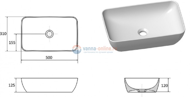 Раковина Ravak Uni 500 R Slim XJX01150001, 50 х 31 см, цвет белый