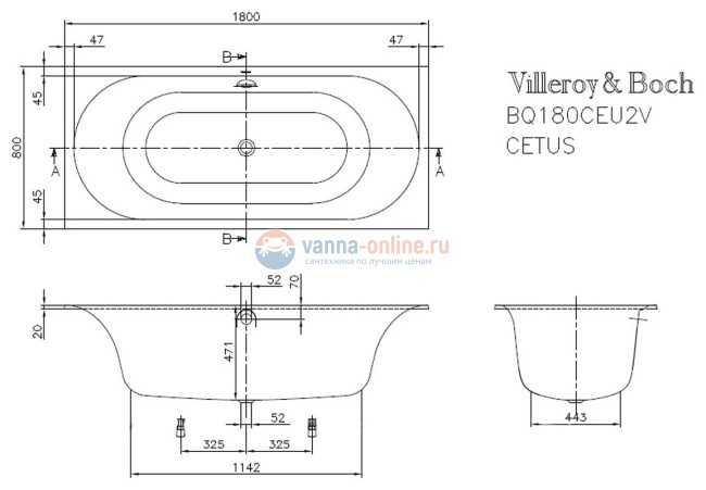 Ванна квариловая Villeroy&Boch CETUS UBQ180CEU2V-01, 180 х 80 см, alpin Ванна квариловая Villeroy&Boch CETUS UBQ180CEU2V-01, 180 х 80 см, alpin