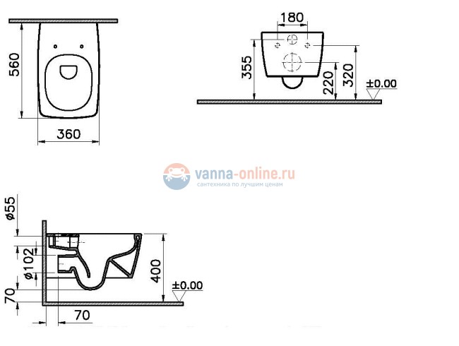 Чаша подвесного унитаза Vitra Metropole, черный матовый, 7672B083-0101