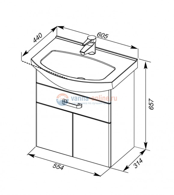 Тумба с раковиной Aquanet Ирис 60, 1 ящик, 2 дверцы, 00198381