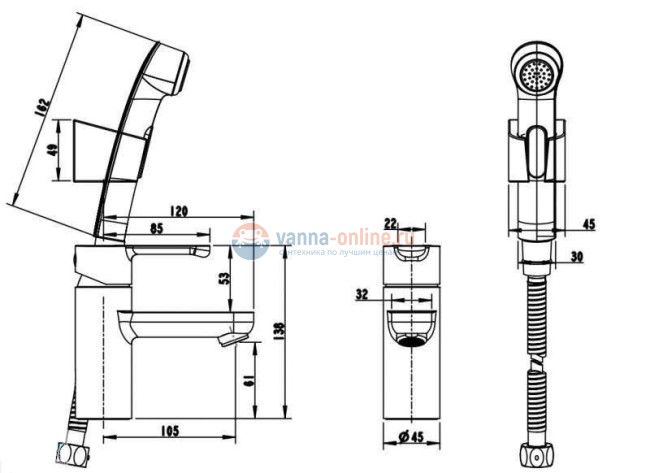 Смеситель Bravat Stream F13783C-3 для раковины с гигиеническим душем