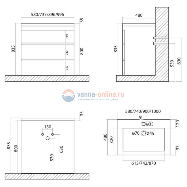 Тумба с раковиной Art&Max Family-900-3C-PIA-PB, 90 x 47 x 84.5 см напольная, бежевый (Pino Bianco)