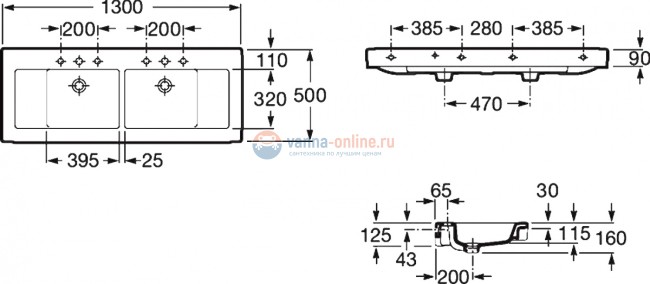 Раковина Roca Stratum 130 327630000 двойная, 130 x 50 см