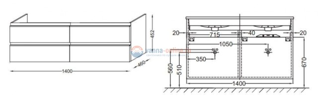 Тумба под раковину Jacob Delafon Vox 140 EB2020-RA-N29, цвет - серая кожа, 140 х 46 см