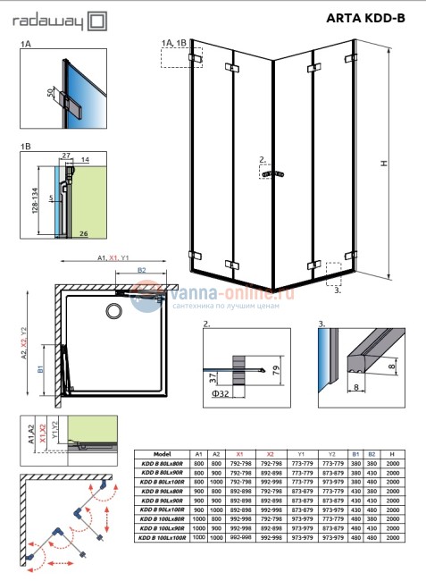 Душевой уголок Radaway Arta KDD B с дверями типа Bi-fold, 100 х 90 см, стекло прозрачное