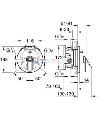 Смеситель для ванны и душа Grohe Veris 19344000, хром, внешняя часть Смеситель для ванны и душа Grohe Veris 19344000, хром, внешняя часть