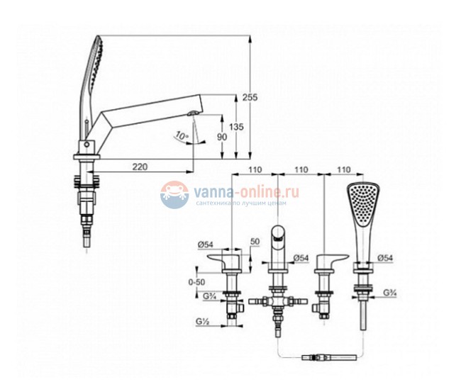 Смеситель Kludi Objekta 324250575 для ванны и душа на 4 отверстия