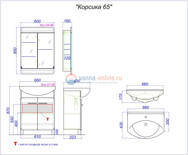 Тумба под раковину Aqwella Корсика 65, напольная, белый, Kor.01.06