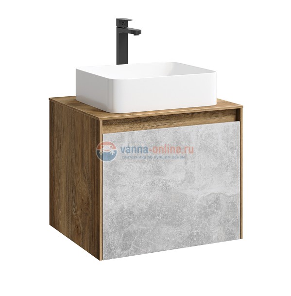 Тумба с раковиной Aqwella Mobi 60 см, фасад бетон светлый, корпус дуб балтийский