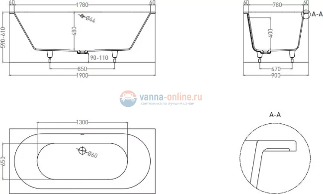 Ванна из искусственного камня Salini Ornella Axis 190 x 90 x 60 см из материала Solix, белая матовая 103422M Ванна из искусственного камня Salini Ornella Axis 190 x 90 x 60 см из материала Solix, белая матовая 103422M