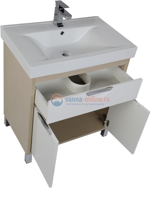 Тумба под раковину Aquanet Гретта 75 209684, 1 ящик, 2 дверки, цвет фасада - светлый дуб, корпус белый