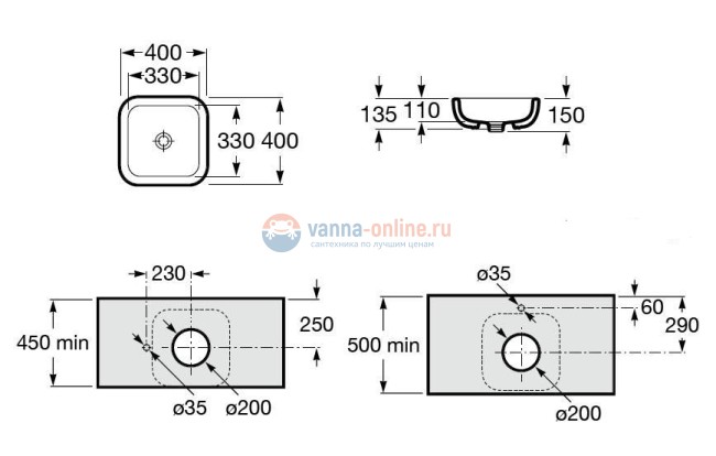 Раковина Roca Khroma 327654000 Накладная, 40 x 40 см