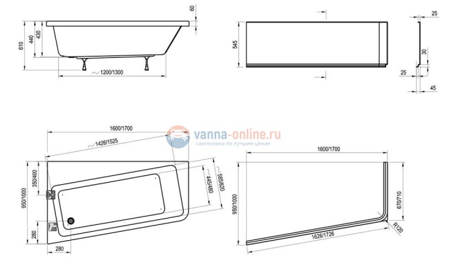 Акриловая ванна Ravak 10° угловая, правая 170 х 100 см, белая, C821000000