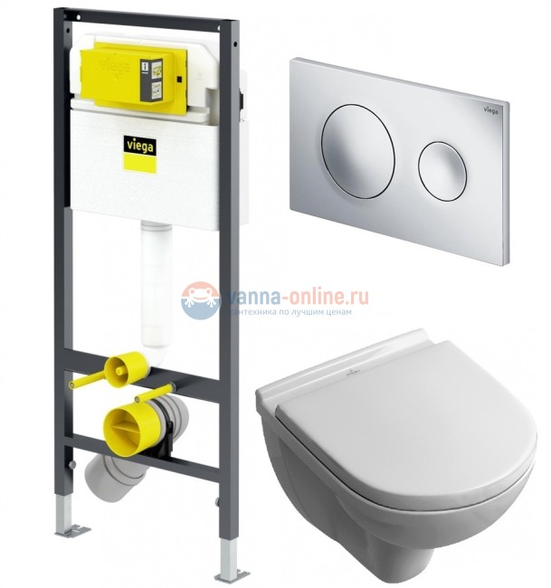 Инсталляция Viega с безободковым унитазом Villeroy&Boch O.novo 5660 HR01, сиденье микролифт, комплект Инсталляция Viega с безободковым унитазом Villeroy&Boch O.novo 5660 HR01, сиденье микролифт, комплект